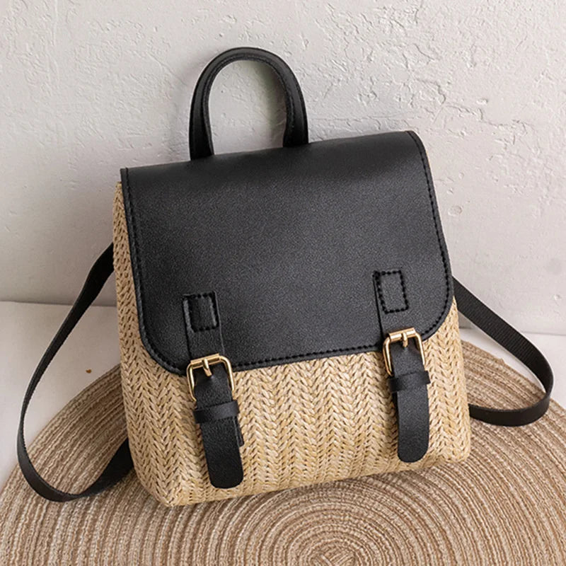 Vintage Straw Women's Shoulder Bag Woven PU Leather Small Backpack
