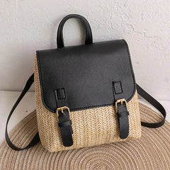 Vintage Straw Women's Shoulder Bag Woven PU Leather Small Backpack