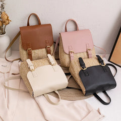Vintage Straw Women's Shoulder Bag Woven PU Leather Small Backpack