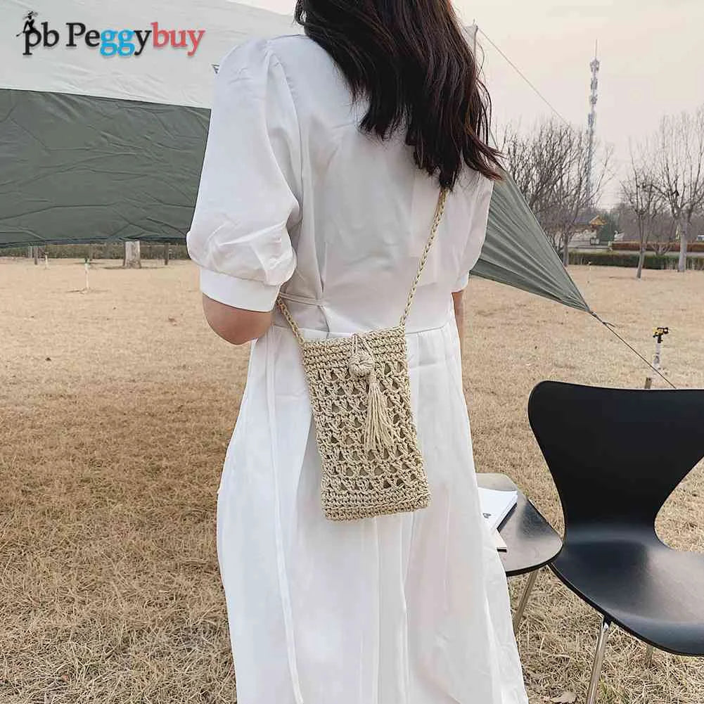 Vintage Straw Crossbody Phone Bag Women Small Purse Ladies Single Shoulder Pouch