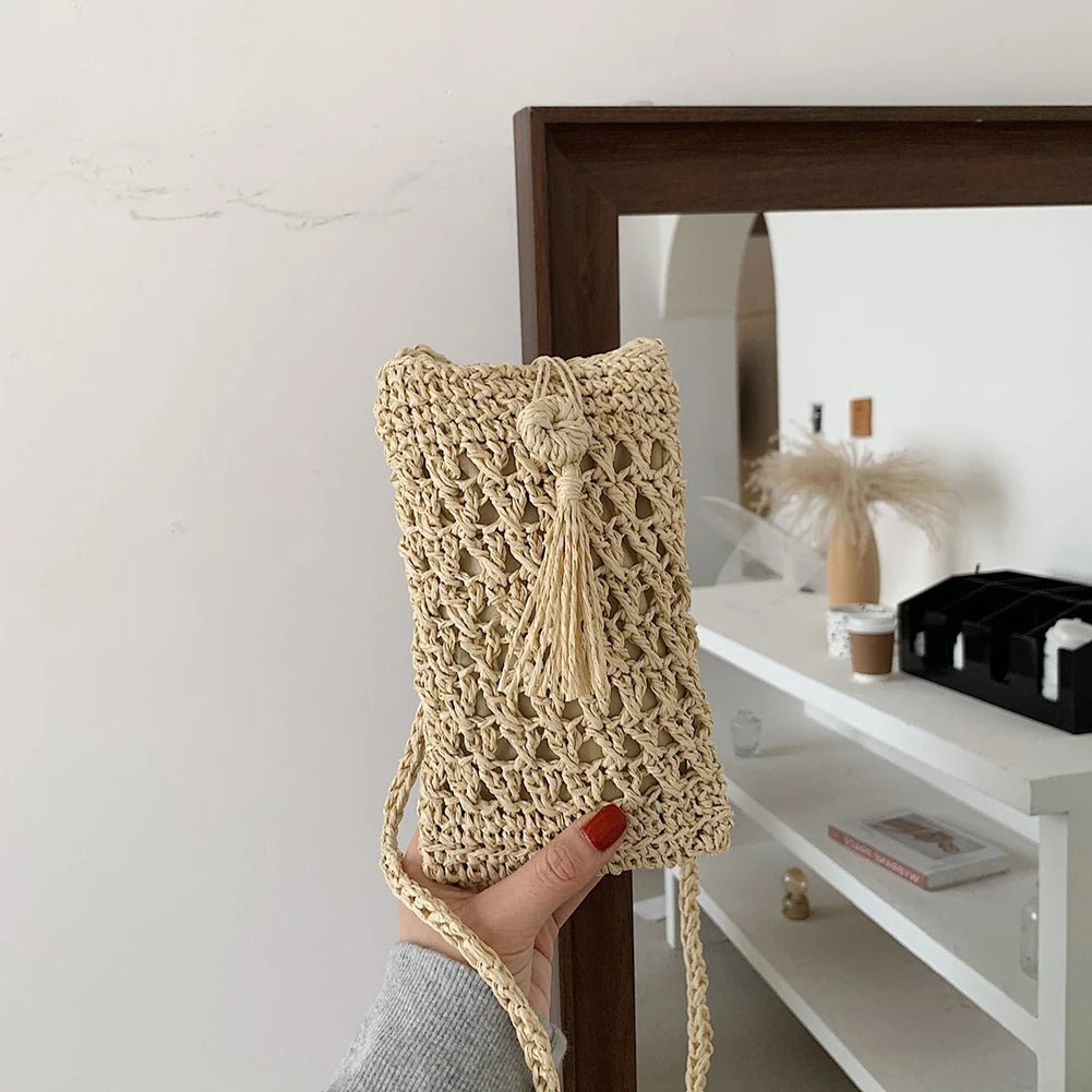 Vintage Straw Crossbody Phone Bag Women Small Purse Ladies Single Shoulder Pouch