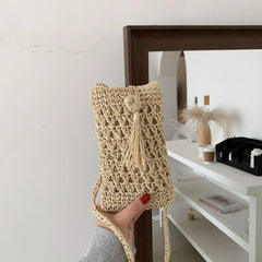 Vintage Straw Crossbody Phone Bag Women Small Purse Ladies Single Shoulder Pouch
