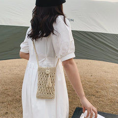 Vintage Straw Crossbody Phone Bag Women Small Purse Ladies Single Shoulder Pouch