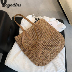 Vintage Straw Woven Shoulder Shopping Bag Casual Women Large Capacity Totes