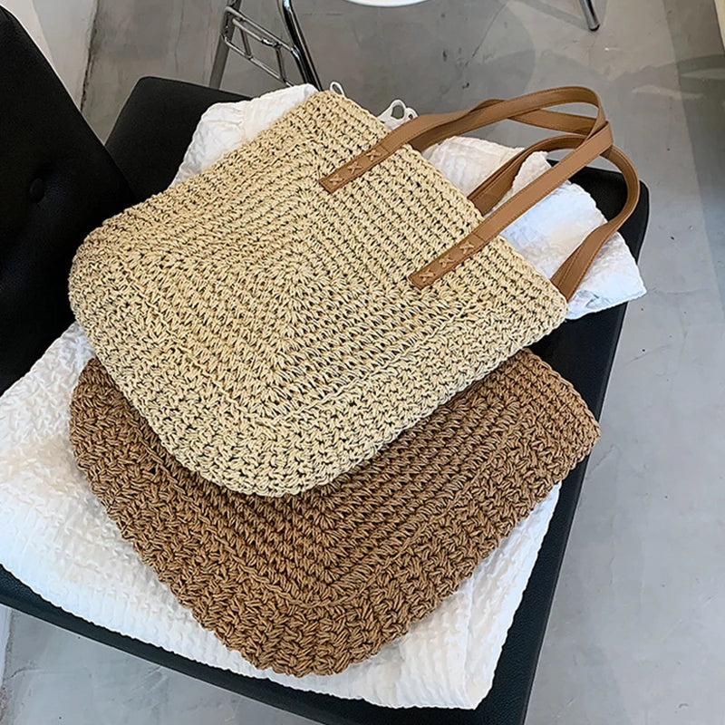Vintage Straw Woven Shoulder Shopping Bag Casual Women Large Capacity Totes
