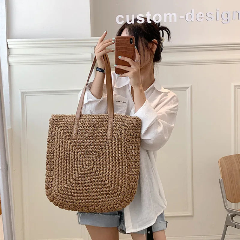 Vintage Straw Woven Shoulder Shopping Bag Casual Women Large Capacity Totes