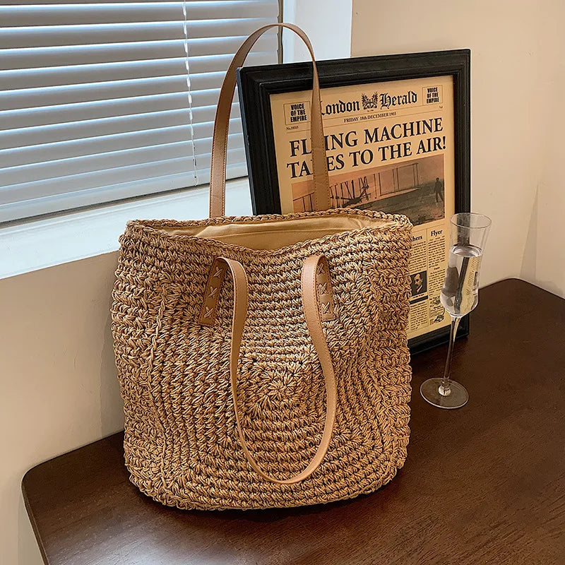 Vintage Straw Woven Shoulder Shopping Bag Casual Women Large Capacity Totes