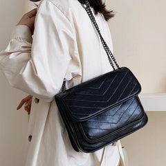 Vintage Stripe Women Shoulder Flap Bag High Oil PU Leather Handbags