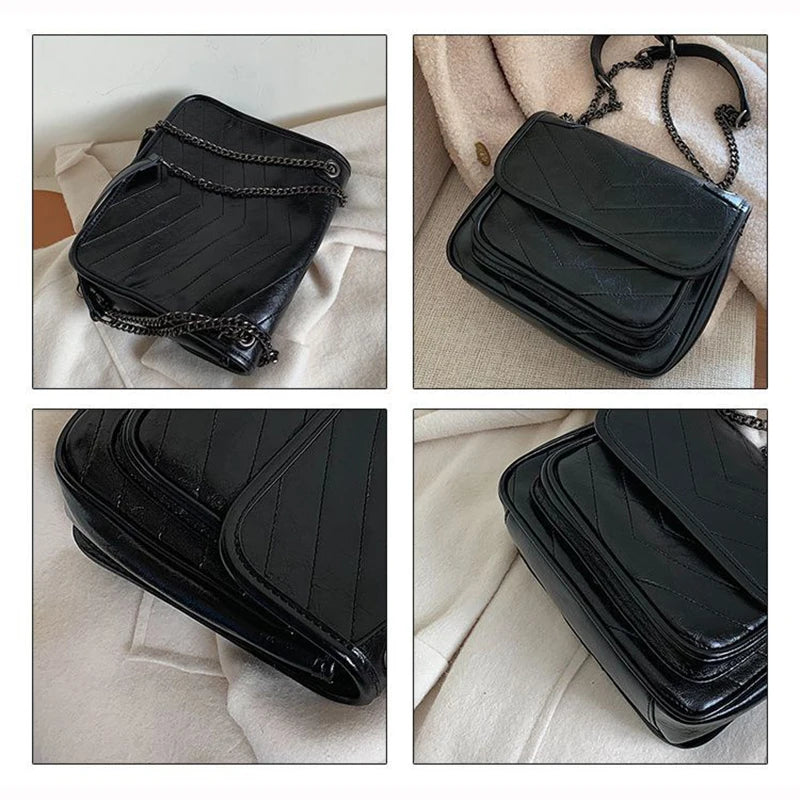 Vintage Stripe Women Shoulder Flap Bag High Oil PU Leather Handbags