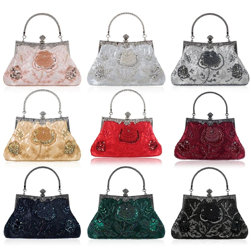 Vintage Beaded Floral Clutch Evening Bag Wedding Party Prom Handbag