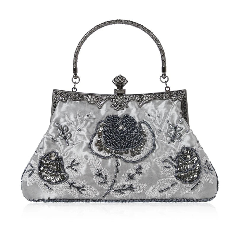 Vintage Beaded Floral Clutch Evening Bag Wedding Party Prom Handbag