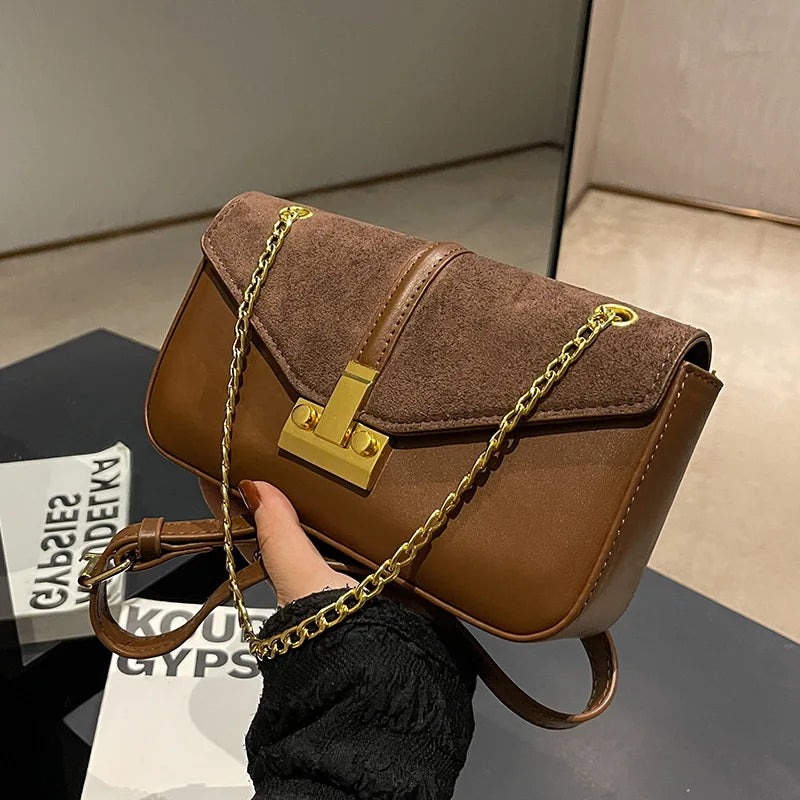 Vintage Suede PU Spliced Shoulder Bag Women Crossbody Retro Messenger Bag