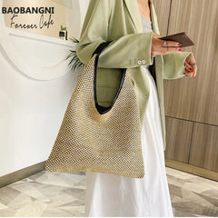 Vintage Straw Beach Bag Linen Woven Bucket Handbag Grass Tote Rattan Bag