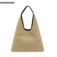 Vintage Straw Beach Bag Linen Woven Bucket Handbag Grass Tote Rattan Bag