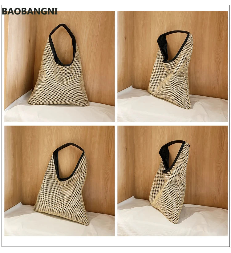 Vintage Straw Beach Bag Linen Woven Bucket Handbag Grass Tote Rattan Bag