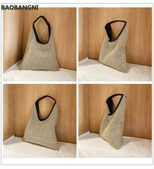 Vintage Straw Beach Bag Linen Woven Bucket Handbag Grass Tote Rattan Bag