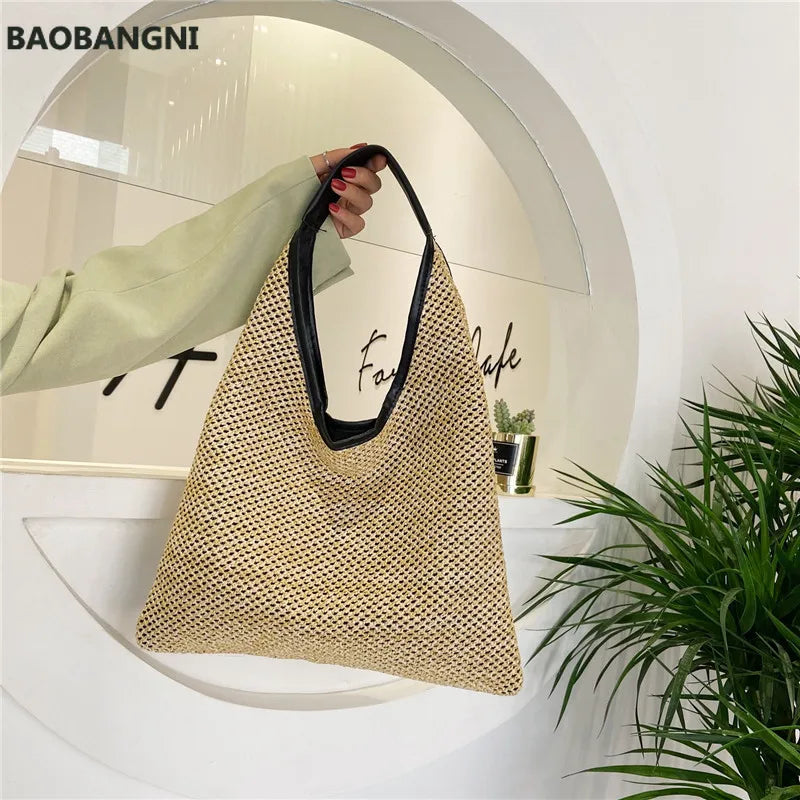 Vintage Straw Beach Bag Linen Woven Bucket Handbag Grass Tote Rattan Bag