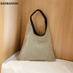 Vintage Straw Beach Bag Linen Woven Bucket Handbag Grass Tote Rattan Bag