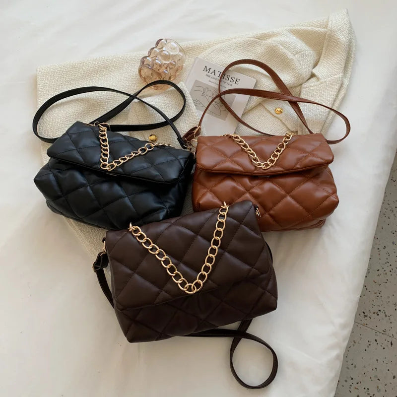 Vintage Texture Rhombus Crossbody Bag Chains Messenger Handbag