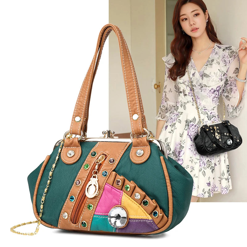 Vintage Patchwork PU Leather Women Shoulder Bag