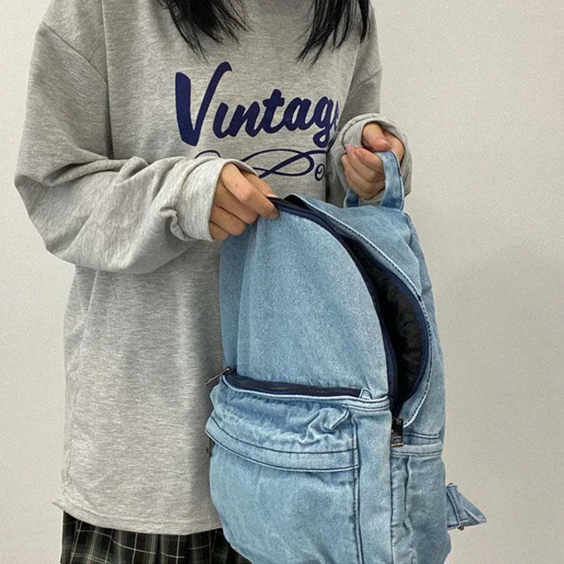 Vintage Washed Denim Backpacks Couple Daily Casual Zippers School Book Backpack
