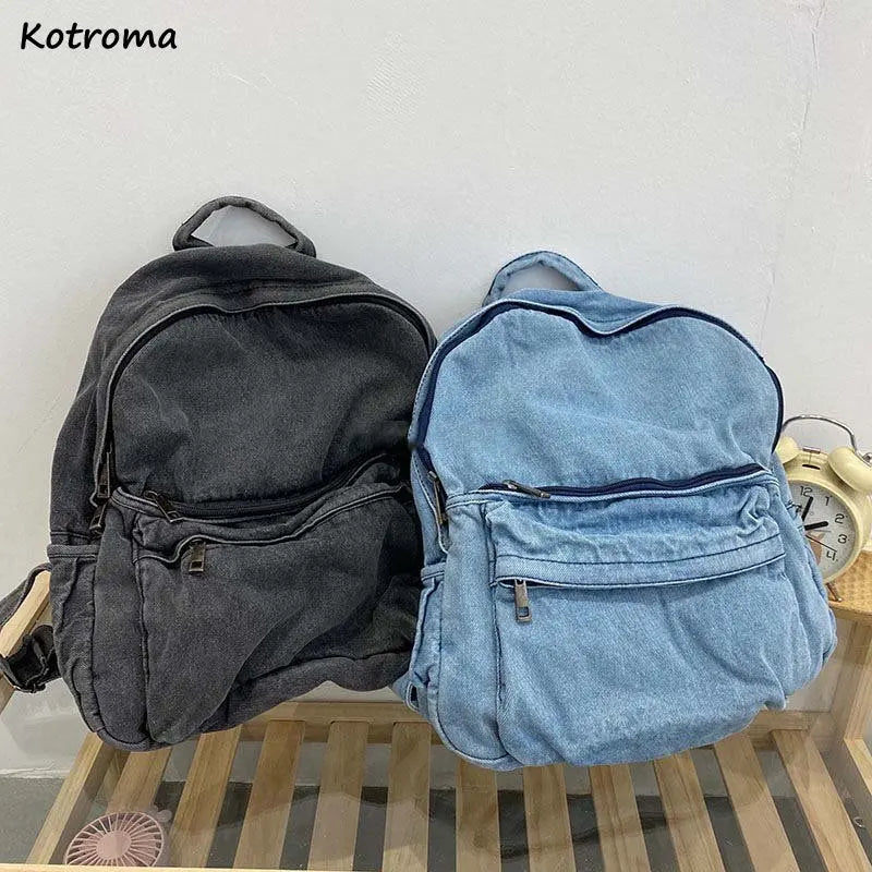 Vintage Washed Denim Backpacks Couple Daily Casual Zippers School Book Backpack