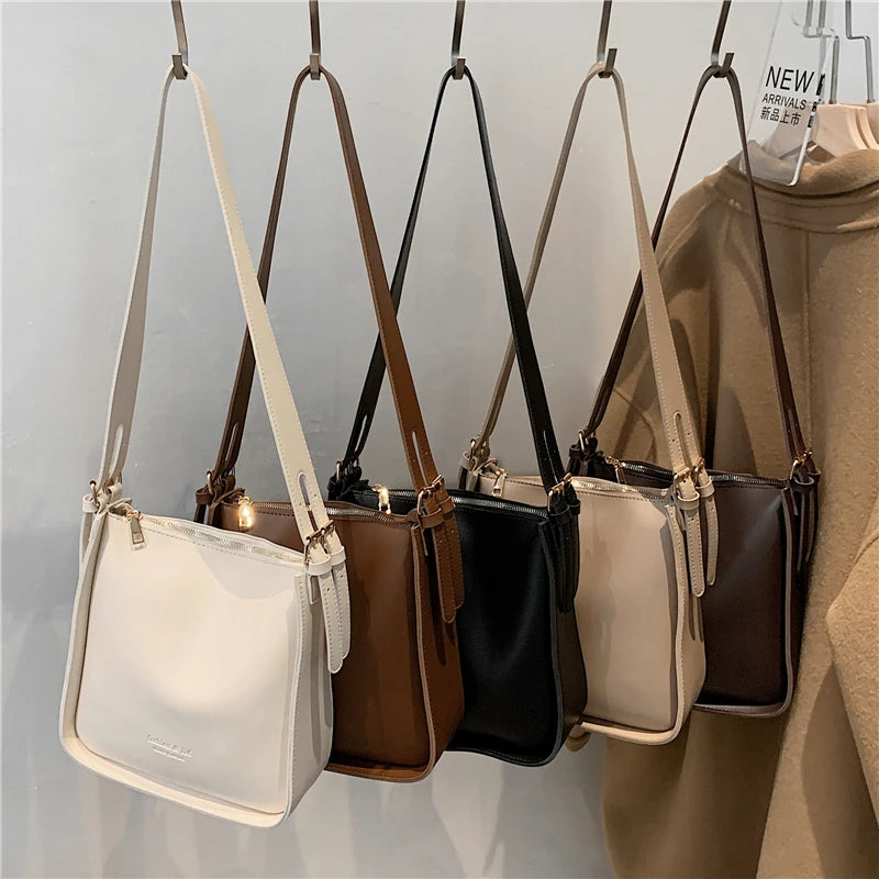 Vintage Wide Strap Bucket Crossbody Shoulder Bags Autumn Large Capacity