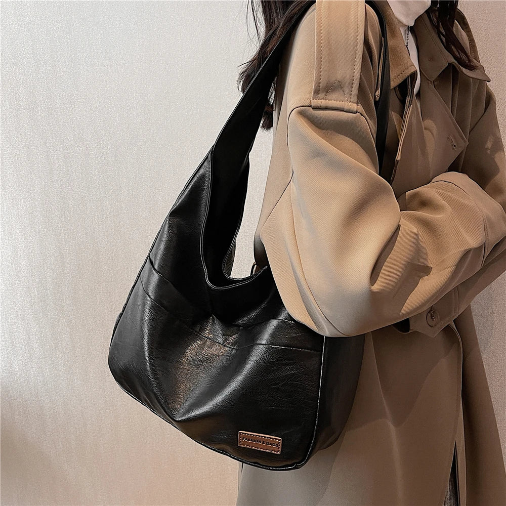 Vintage Wide Strap Soft Shoulder Bags For Women Large Capacity Bucket Female Hob