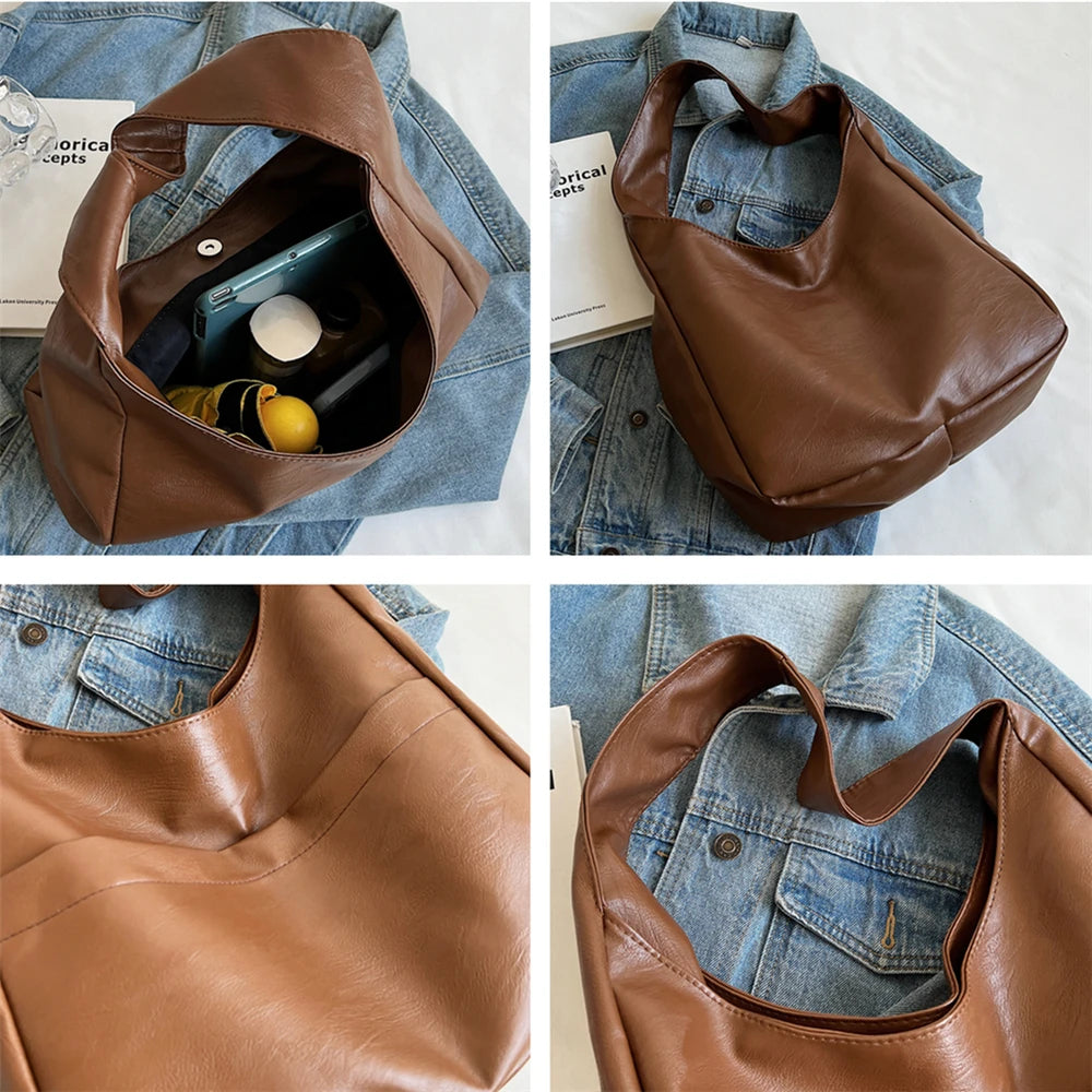 Vintage Wide Strap Soft Shoulder Bags For Women Large Capacity Bucket Female Hob