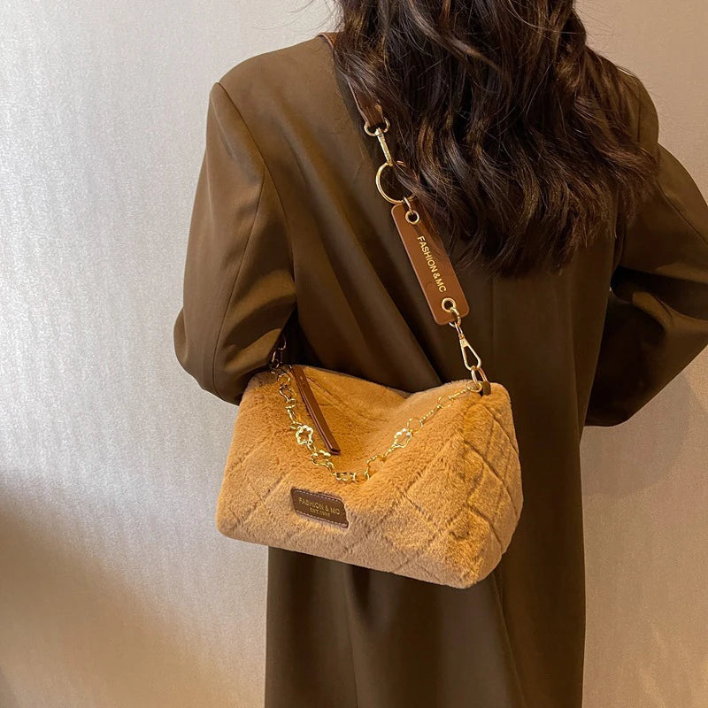 Vintage Winter Plush Shoulder Bag Women Furry Totes Handbag Purse