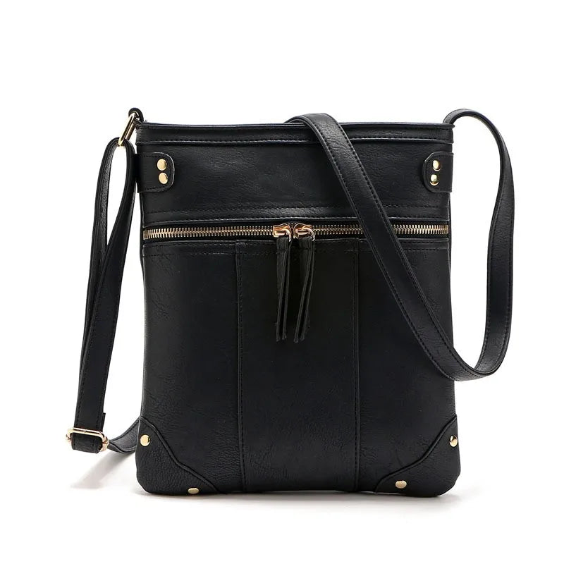 Vintage Women Bag Double Zipper Crossbody Messenger Bags PU Leather Shoulder Bag