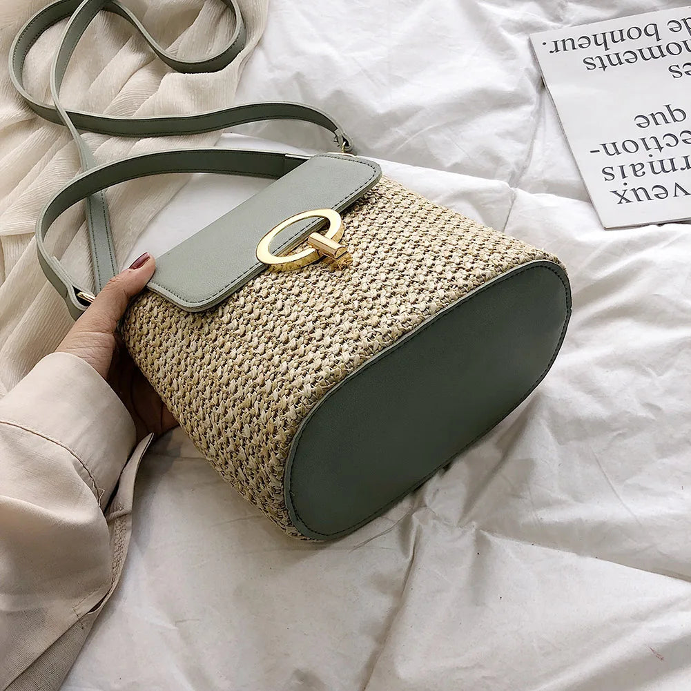 Vintage Women Beach Bucket Shoulder Weaving Straw Handbags