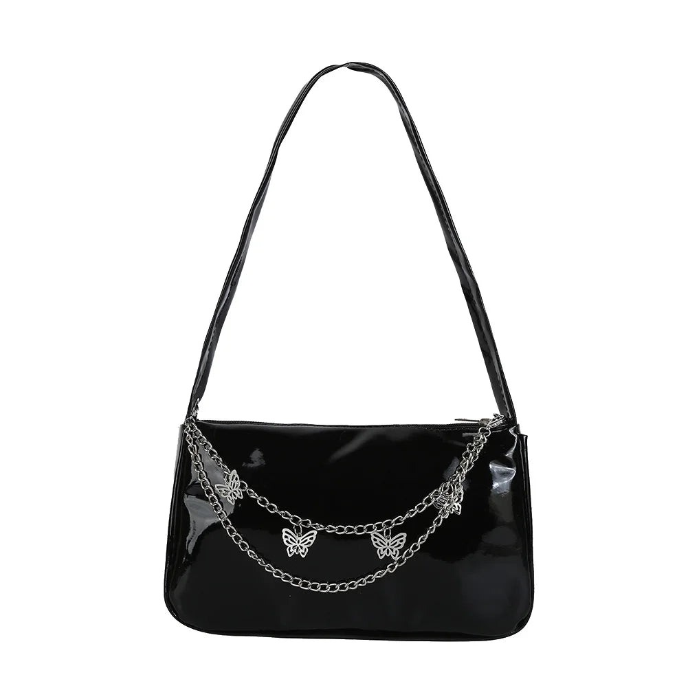 Vintage Women Butterfly Chain Underarm Bag Casual Solid Patent PU Purse