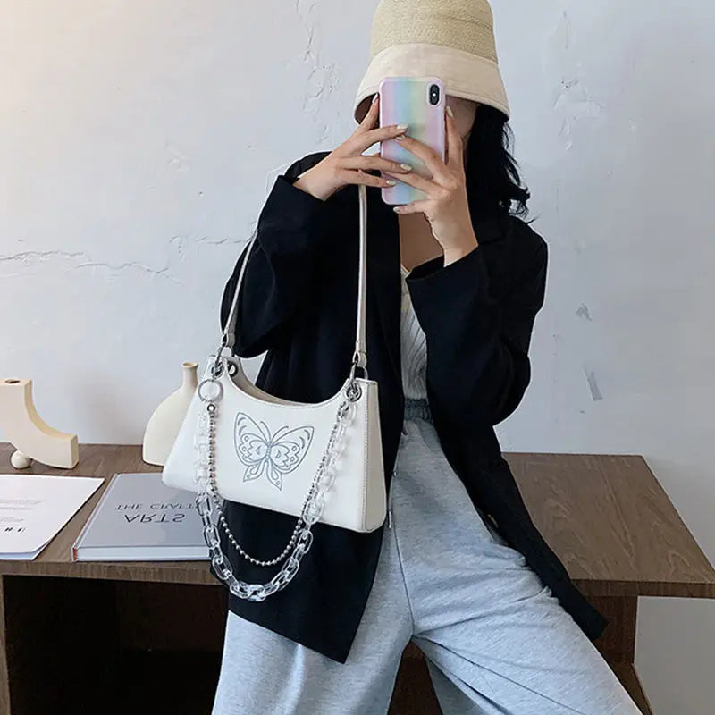 Vintage Butterfly PU Leather Chain Armpit Shoulder Bag