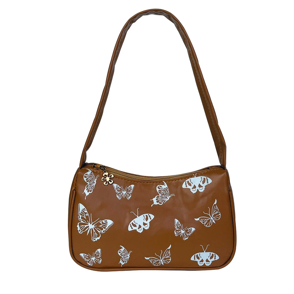 Vintage Women Casual Butterfly Print PU Leather Small Shoulder Bag