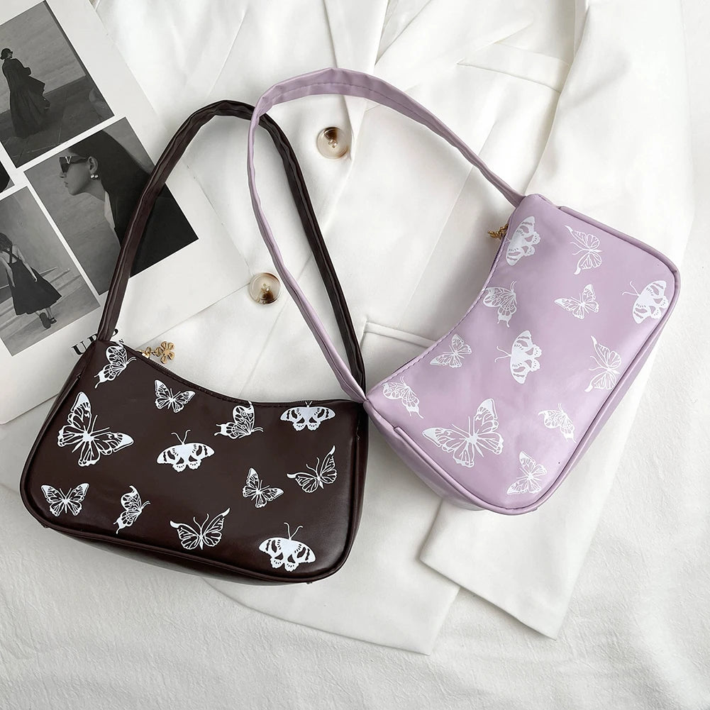 Vintage Women Casual Butterfly Print PU Leather Small Shoulder Bag