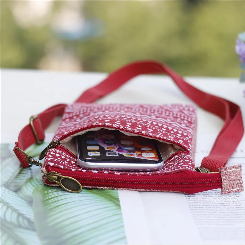 Vintage Women Crossbody Shoulder Bag Cotton Phone Purses Small Canvas Messenger
