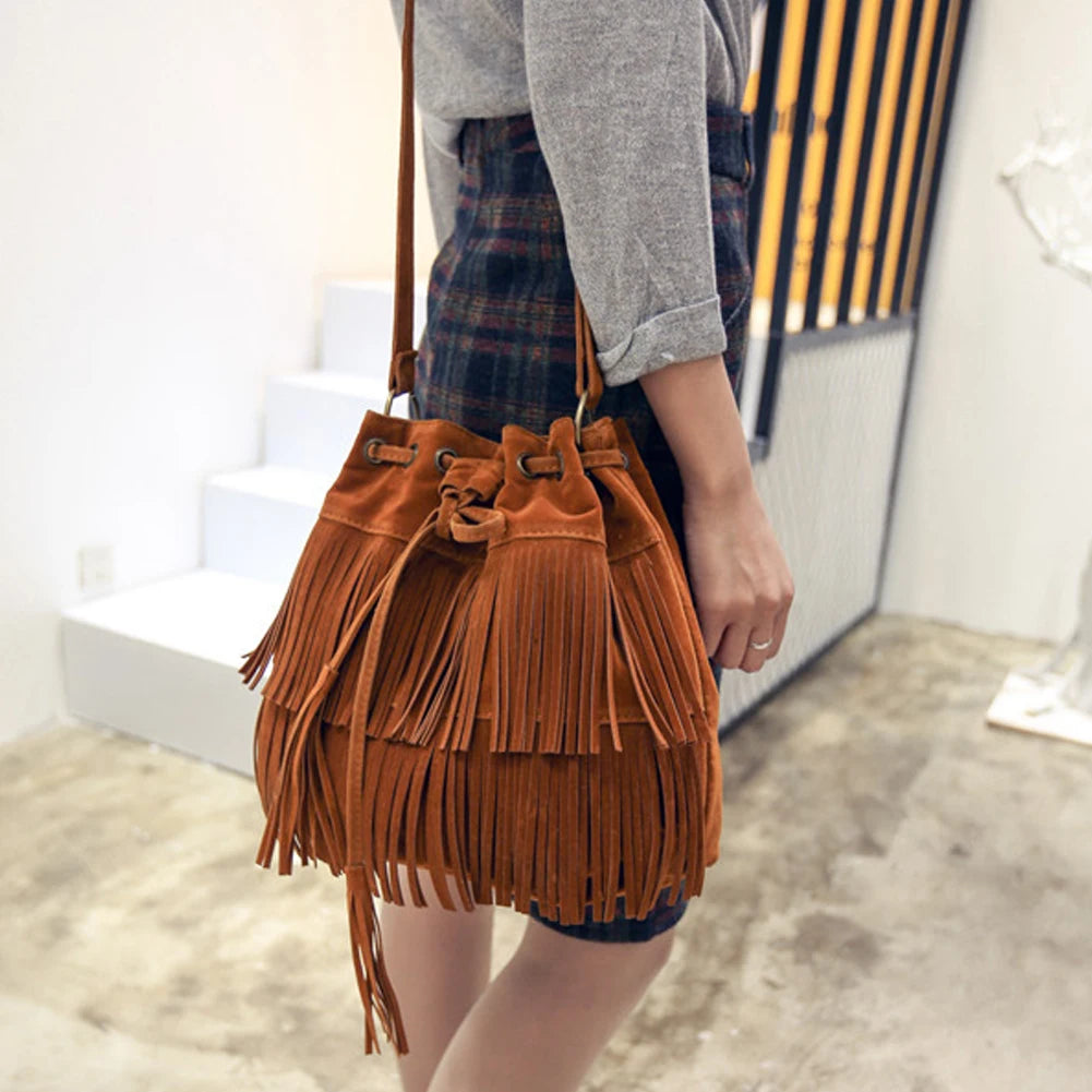 Vintage Women Messenger Bag with Tassels Faux Suede Handbag