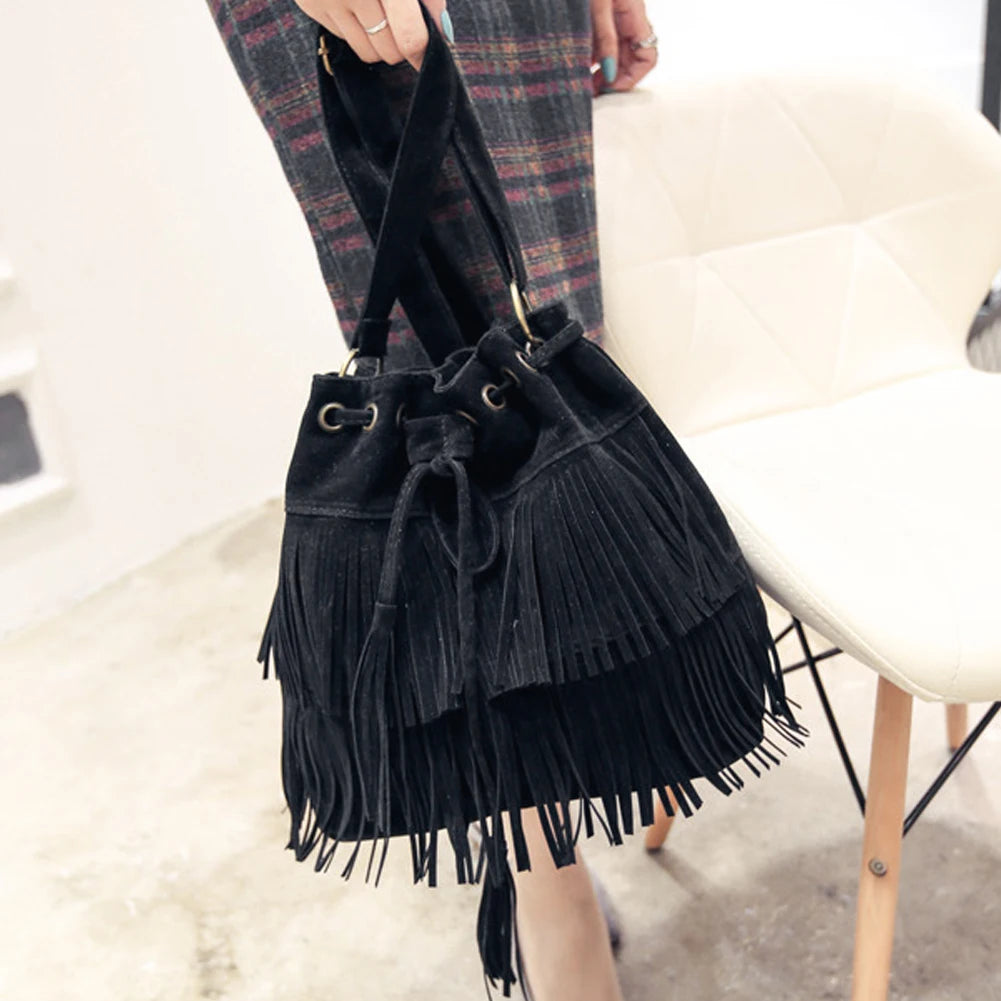 Vintage Women Messenger Bag with Tassels Faux Suede Handbag