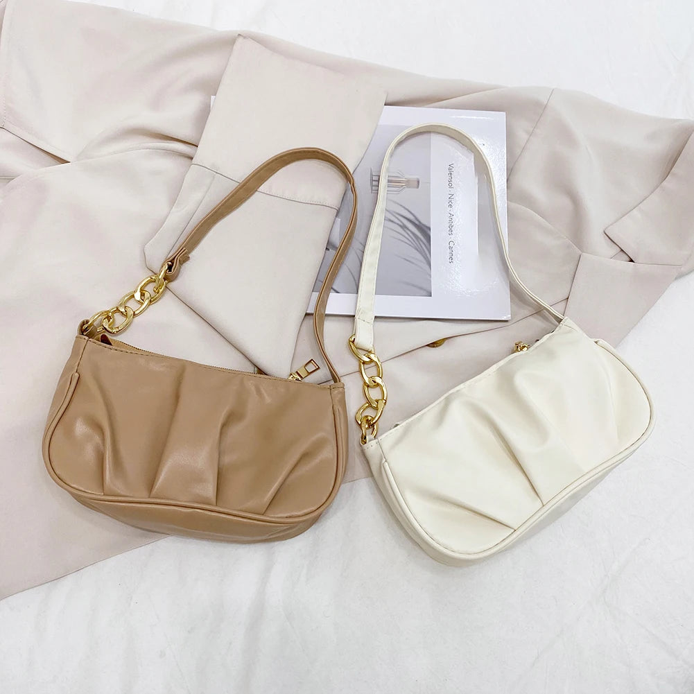 Vintage Women Pleated Chain Shoulder Bag All-match Handbag Purse
