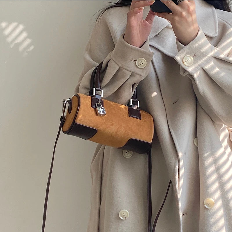 Vintage Round Bucket Shoulder Bag Matte Leather Female Purse Handbags
