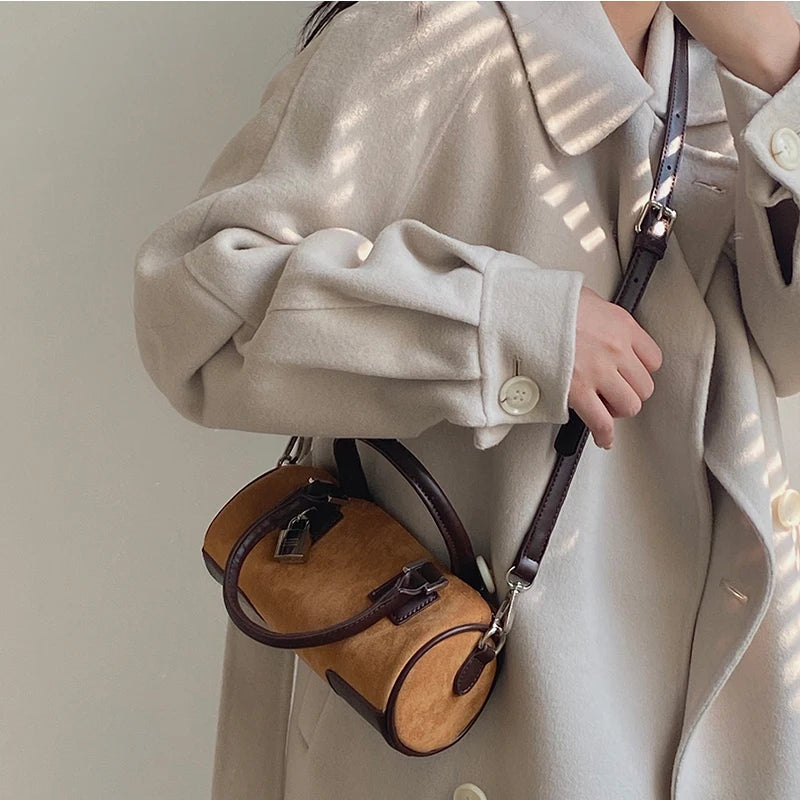 Vintage Round Bucket Shoulder Bag Matte Leather Female Purse Handbags