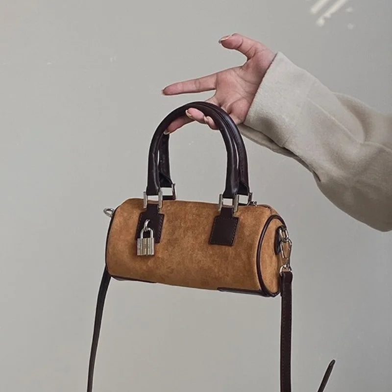 Vintage Round Bucket Shoulder Bag Matte Leather Female Purse Handbags
