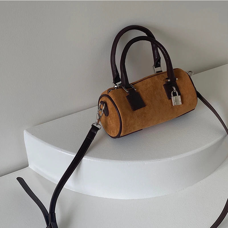 Vintage Round Bucket Shoulder Bag Matte Leather Female Purse Handbags