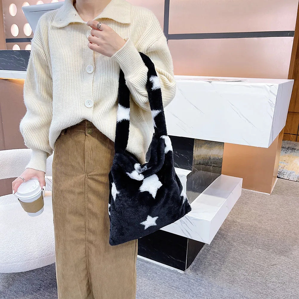 Vintage Plush Flower Shoulder Bag Chain Purse Winter Casual Large Purse
