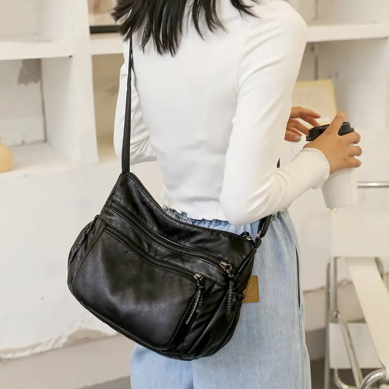 Vintage Women Shoulder Bag Soft Leather Crossbody Bag Multi-pocket Purse