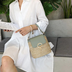 Vintage Women Shoulder Woven Straw Beach Bucket Bag