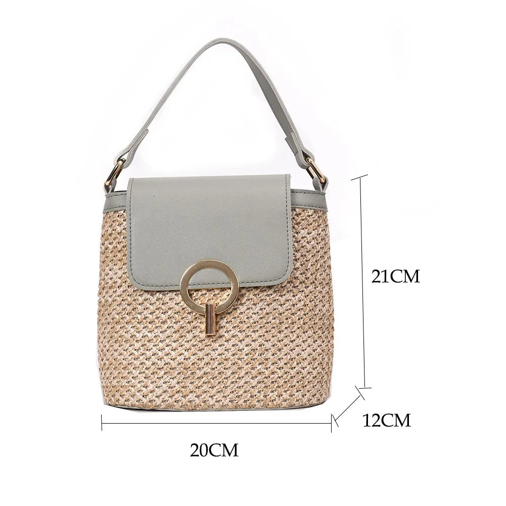 Vintage Women Shoulder Woven Straw Beach Bucket Bag