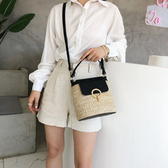 Vintage Women Shoulder Woven Straw Beach Bucket Bag