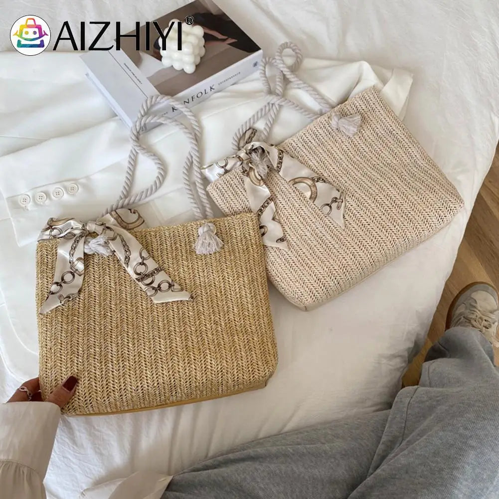 Vintage Women Straw Woven Silk Scarf Shoulder Tote Bag